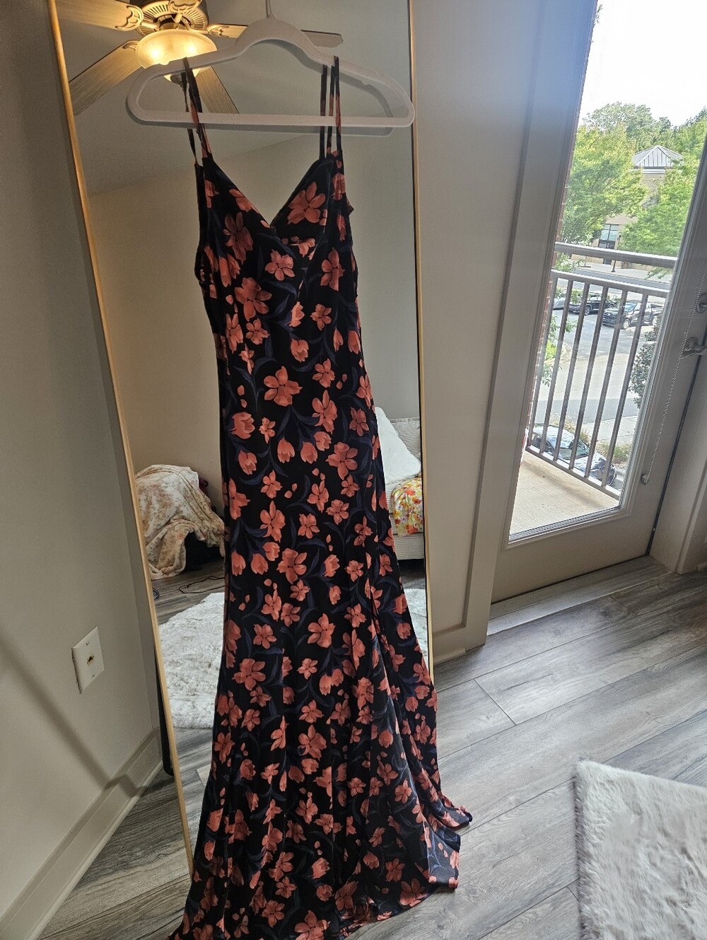 Floral Slip Maxi Dress - Black with Coral Flowers